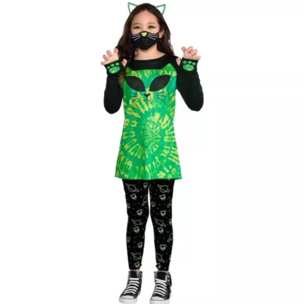 NEW Cosmic Kitty Cat Halloween Costume Girls‎ Size Large 12-14 Green Black